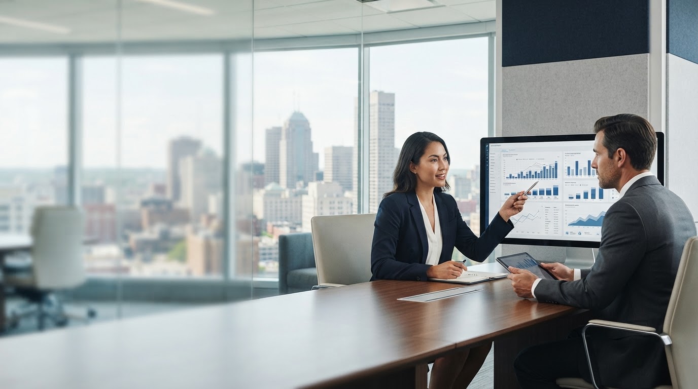 Surya Fundvale analysts reviewing data dashboards in an office setting